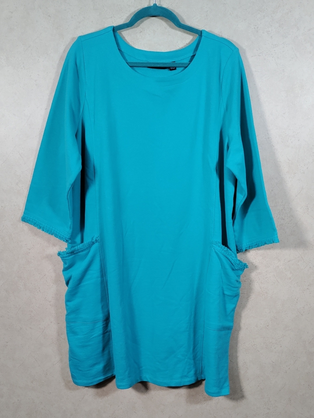 G081 Susan Graver Weekend turquoise 3/4 sleeve French terry dress XL